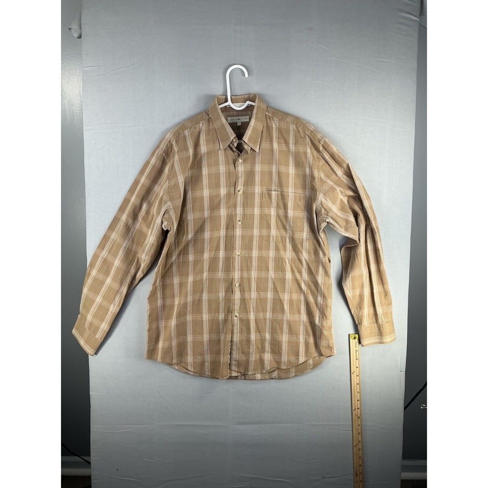 Joseph Abboud Men's Large Tan Plaid Button Down Long Sleeve 100% Cotton Shirt